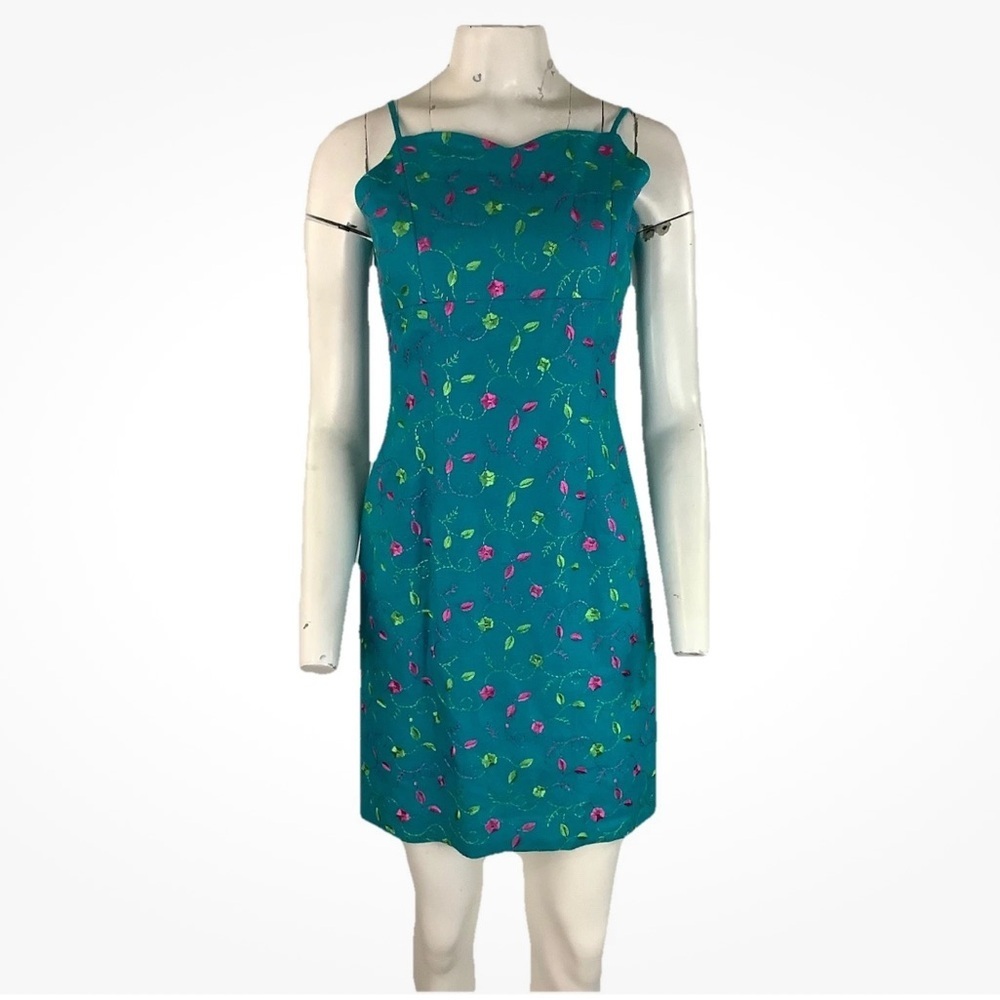 Vintage Y2K Althuser Sz 6 Canvas Floral Embroidered Slip Dress Aqua Green